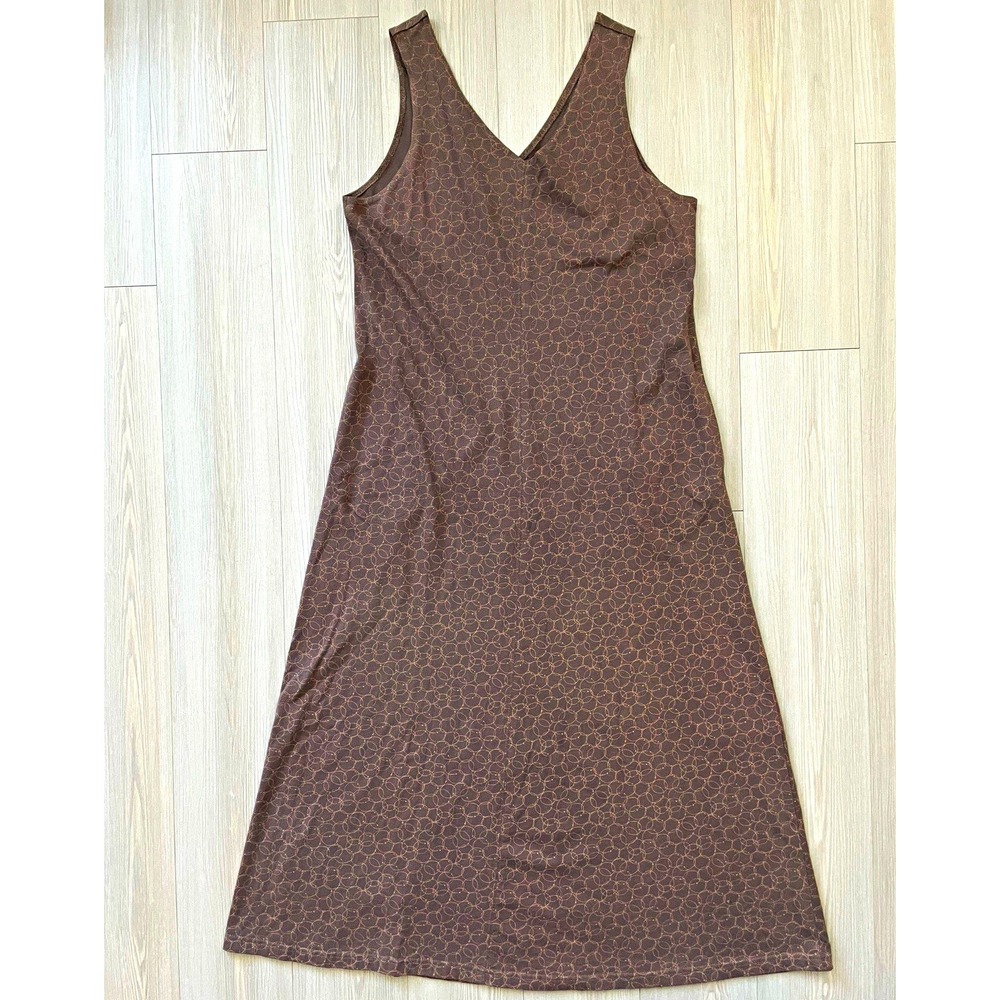 Laura Ashley VTG Women's Brown Cotton Geometric Knit Shift Midi VNeck Dress Sz L